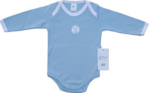 Body azul bebê gola americana manga longa bordado coelho
