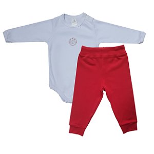 Conjunto Body Bebê Manga Longa Suedine Branco e Vermelho
