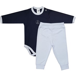 Conjunto Body Bebê Masculino Manga Longa Suedine Marinho