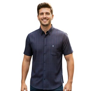 Camisa Manga Curta Austin Bulls Xadrez Azul Marinho/Vermelho