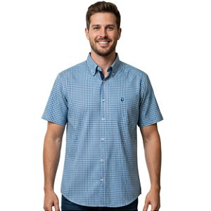 Camisa Manga Curta Austin Bulls Xadrez Azul Marinho/Azul Claro