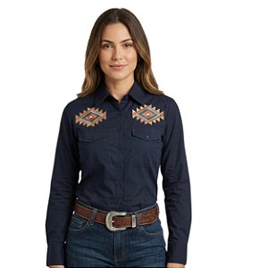 Camisa Bordada Manga Longa Apache Azul Marinho