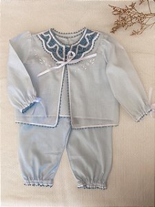 Saída de maternidade algodão com renascença azul- 03 peças