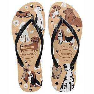 Chinelo Havaianas Slim Pets Feminino Bege Preto Tiras Finas