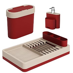 Kit Lixeira 2,8L Escorredor Louças Dispenser Porta Detergente Pia Cozinha Flat - Coza - Vermelho