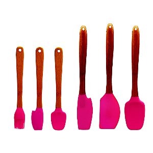 Jogo 6 Espátulas Silicone Bambu Utensílios Confeitar Bolo Cozinha - Yoi - Rosa