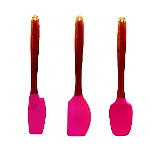 Jogo 3 Espátulas Silicone Bambu Confeitar Bolo Colher Utensílios Cozinha Full - Yoi - Rosa