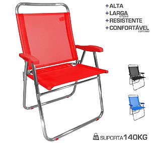 Cadeira De Praia King Oversize Alumínio Até 140Kg Camping - Zaka - Vermelho