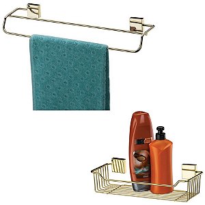 Kit Banheiro Dourado Toalheiro Duplo 45cm + Suporte Porta Shampoo Ouro - Future