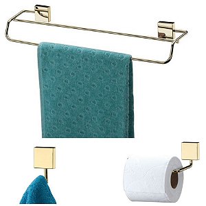 Kit Banheiro Dourado Toalheiro Duplo 45cm + Porta Papel Higiênico + Gancho - Future