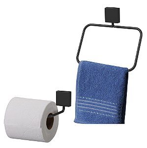 Kit Banheiro Toalheiro Argola + Porta Papel Higiênico Preto Nero - Future