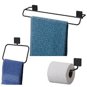 Kit Banheiro Toalheiro Duplo 45cm + Argola + Porta Papel Higiênico Preto Nero - Future