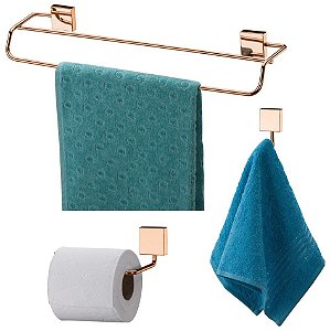 Kit Banheiro Toalheiro Duplo 45cm + Gancho + Porta Papel Higiênico Rosé Gold - Future