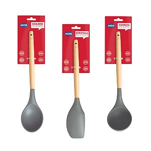 Kit Utensílios Silicone Espátula Colher Concha Culinários Cabo Madeira Cozinha - Mor - Cinza