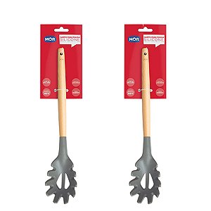 Kit 2 Utensílios Silicone Pegadores Massa Espátulas Talheres Culinário 31cm Cabo Madeira Cozinha - Mor - Cinza