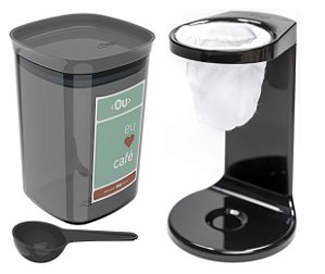 Kit Passador De Café Coador Mini Cafézinho C/ 1 Refil Pote Hermético 900ml Porta Condimento Colher Preto - Ou