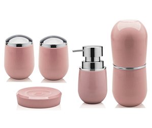 Kit Banheiro Belly Pia Dispenser Sabonete Saboneteira Porta Escova Algodão Cotonete Rosa - Ou