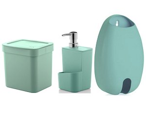 Kit Cozinha Lixeira 2,5 Litros Dispenser Porta Detergente Dispenser Sacolas - Ou - Verde Menta