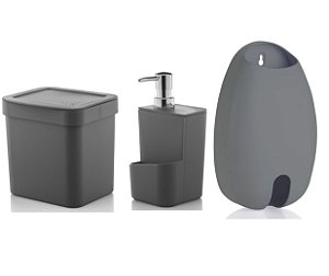 Kit Cozinha Lixeira 2,5 Litros Dispenser Porta Detergente Dispenser Sacolas - Ou - Chumbo