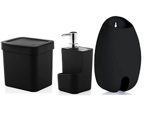 Kit Cozinha Lixeira 2,5 Litros Dispenser Porta Detergente Dispenser Sacolas - Ou - Preto