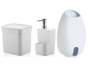 Kit Cozinha Lixeira 2,5 Litros Dispenser Porta Detergente Dispenser Sacolas - Ou - Branco