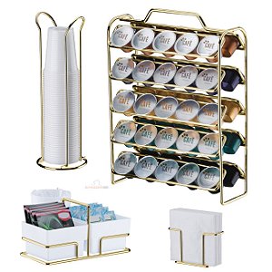 Kit Suporte 50 Cápsulas Nespresso + Porta Copos Guardanapos Sachês - Dourado - Future