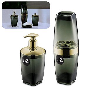 Kit 2 Peças Banheiro Suporte Porta Escova + Dispenser Sabonete Dourado - Uz - Preto