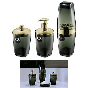 Kit 3pç Banheiro Suporte Escova Dispenser Sabonete Porta Algodão Dourado - Uz - Preto