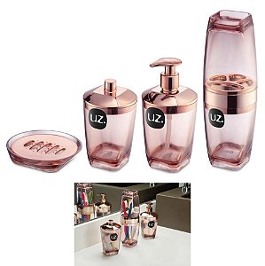 Kit 4pç Banheiro Suporte Escova Dispenser Sabonete Porta Algodão Saboneteira Rose - Uz - Rose Gold