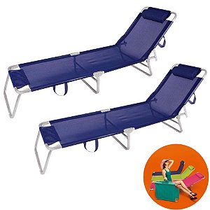 Kit 2 Cadeira Espreguiçadeira Alumínio Para Piscina Praia 4 Posições - Mor - Azul Marinho