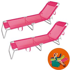 Kit 2 Cadeira Espreguiçadeira Alumínio Para Piscina Praia 4 Posições - Mor - Rosa