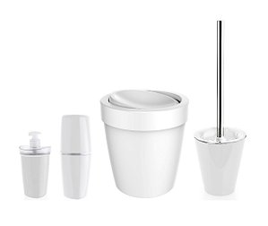 Kit Banheiro Lixeira Basculante 5L Suporte Escova Sanitária Porta Escovas Dispenser Sabonete Branco - Ou