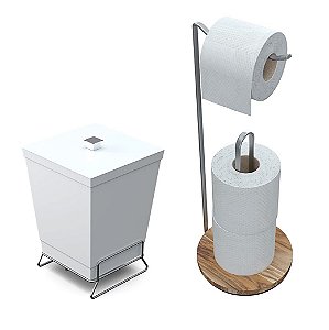 Kit Lixeira 6,5l Suporte Apoio + Porta Papel Higiênico Chão Banheiro Lavabo Branco - Stolf