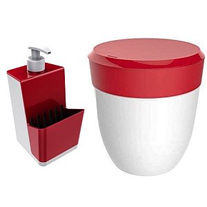 Kit Cozinha Dispenser Porta Detergente + Lixeira 2,5 Litros Pia - Branco Crippa - Vermelho