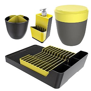 Kit Cozinha Escorredor Louças + Porta Talheres + Dispenser + Lixeira Pia - Crippa - Amarelo