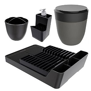 Kit Cozinha Escorredor Louças + Porta Talheres + Dispenser + Lixeira Pia - Crippa - Preto