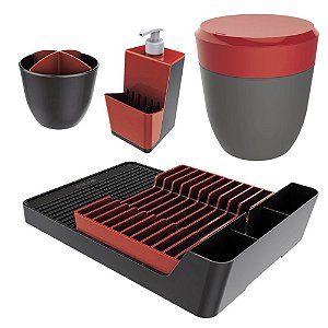 Kit Cozinha Escorredor Louças + Porta Talheres + Dispenser + Lixeira Pia - Crippa - Vermelho