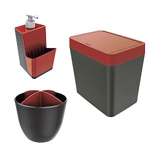 Kit Cozinha Pia Porta Dispenser Detergente + Lixeira 5L + Escorredor Talheres - Chumbo  Crippa - Vermelho