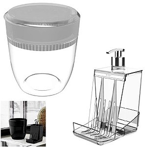 Kit Cozinha Smart S Dispenser Porta Detergente Esponja + Lixeira 2,5 L - Crippa - Cristal