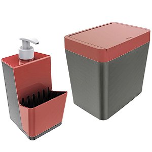 Kit Dispenser Porta Detergente + Lixeira 5 Litros Para Pia Cozinha - Chumbo Crippa - Vermelho