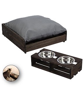 Kit Cama Pet Madeira Almofada Macia + Suporte Comedouro Pote Gato Cachorro - Stolf