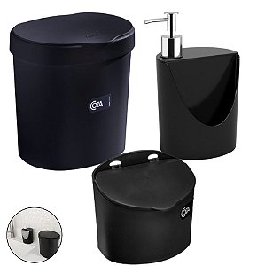 Kit Lixeira 2,5l Basic + Saleiro Suporte Sal Condimentos + Dispenser Porta Detergente R&J - Coza - Preto