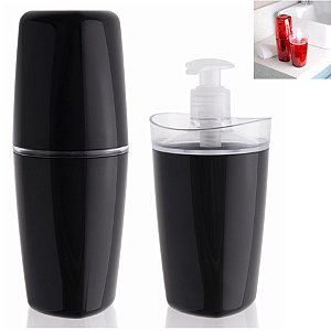 Conjunto Banheiro Tule Porta Escovas Pasta Dispenser Sabonete Pia - CBT805 Ou - Preto