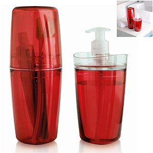 Conjunto Banheiro Tule Porta Escovas Pasta Dispenser Sabonete Pia - CBT805 Ou - Vermelho