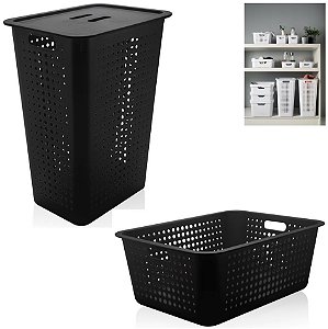 Kit 2 Cesto Organizador Roupas Grande 40/47l Caixa De Plástico Lavanderia  - KTE 007 Ou - Preto