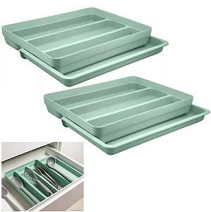 Kit 2 Organizador Gaveta Extensível Divisor Porta Utensílios Talheres Cozinha - Ou - Verde Menta