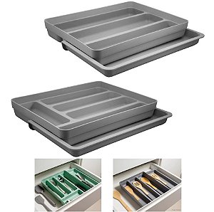 Kit 2 Organizador Gavetas Talheres Extensível Porta Talher Utensílios Cozinha Logic - Ou - Chumbo