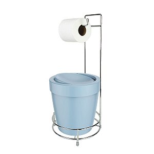Kit Suporte Porta Papel Higiênico Com Lixeira Basculante 5L Cesto Lixo Chão Banheiro Vitra - Ou - Azul Glacial