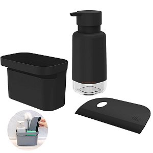 Kit Dispenser Porta Detergente Organizador Rodo Pia Cozinha Preto - Kte 056 Ou