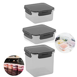 Conjunto 3 Potes Herméticos Tampa Click Porta Alimentos Lancheiras - KTE 014 Ou - Chumbo